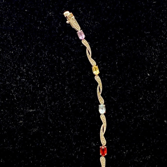 Delicate Multi-Colored Gemstone Silver Wave Tennis Bracelet - Picture 1 of 6